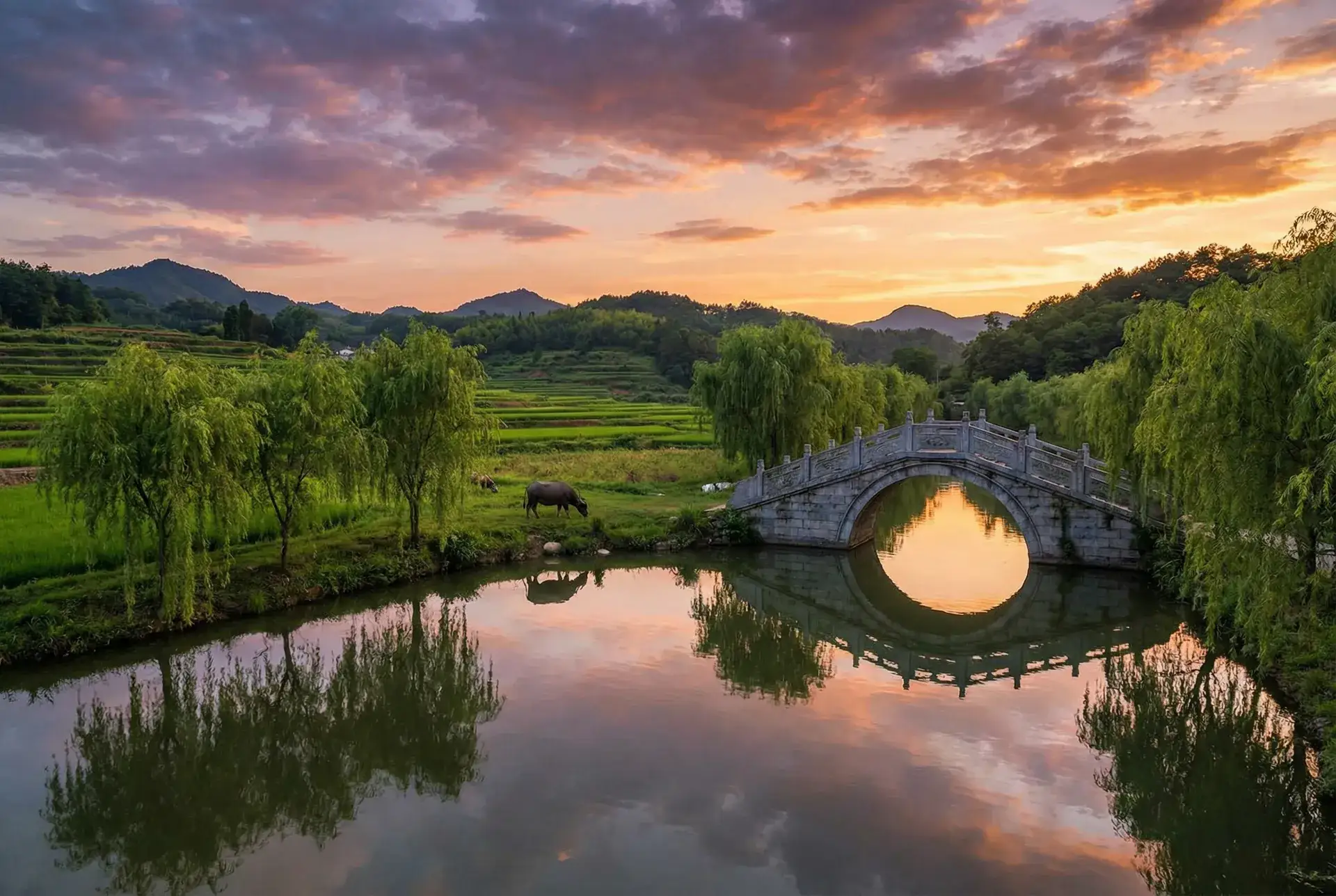 夕阳下的石拱桥与垂柳，水牛在河边吃草 - 妖艳女忍者传 乡村美景
